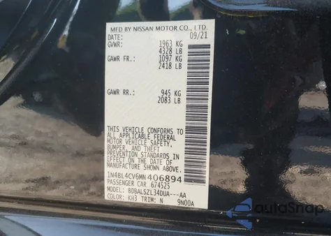 2021 Nissan Altima Sr Fwd from USA, damaged, VIN 1N4BL4CV6MN406894